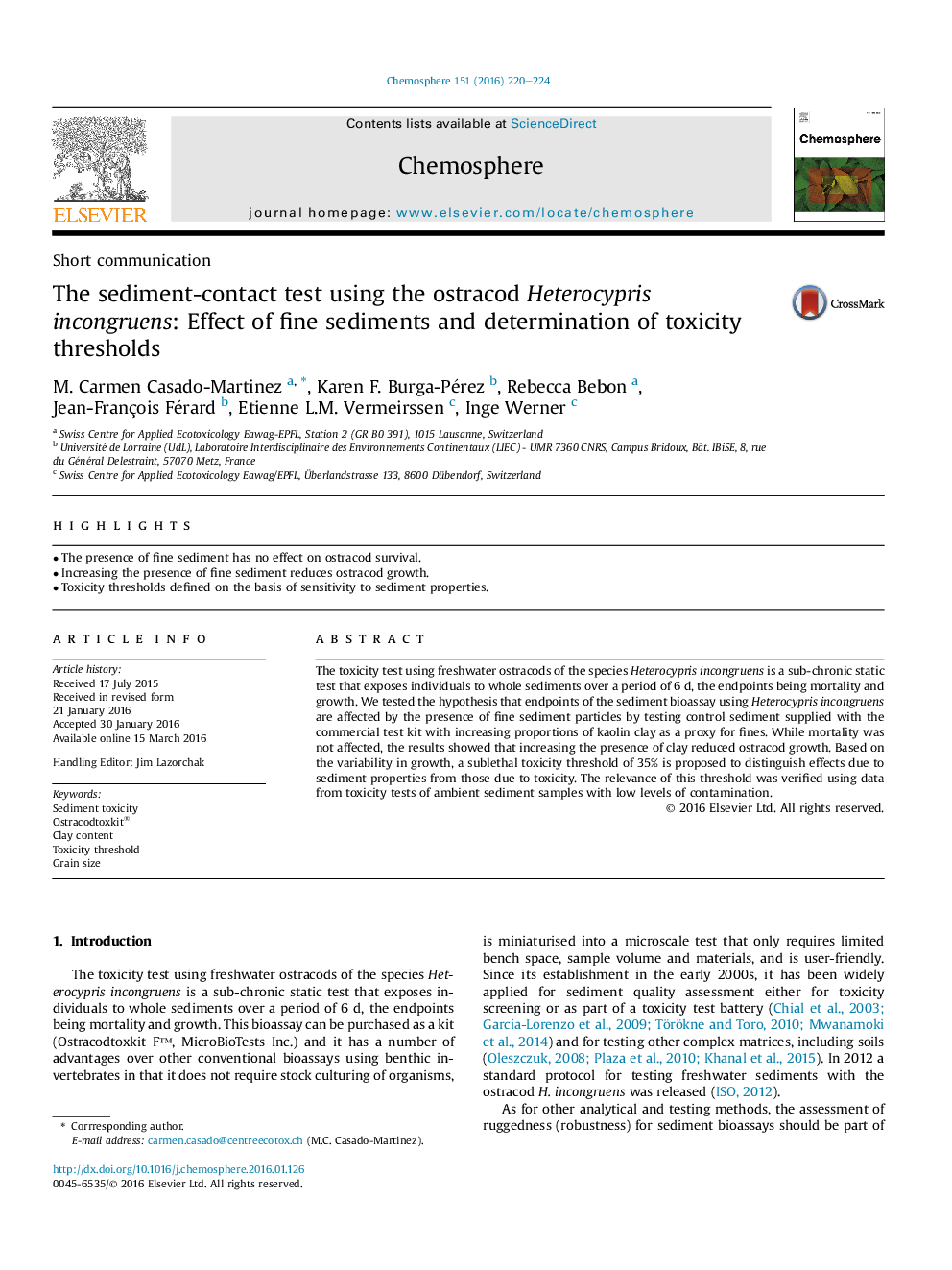 آزمون رسوب تماس با استفاده از Heterocypris incongruens صدفیان: اثر رسوبات ریز و تعیین آستانه سمیت