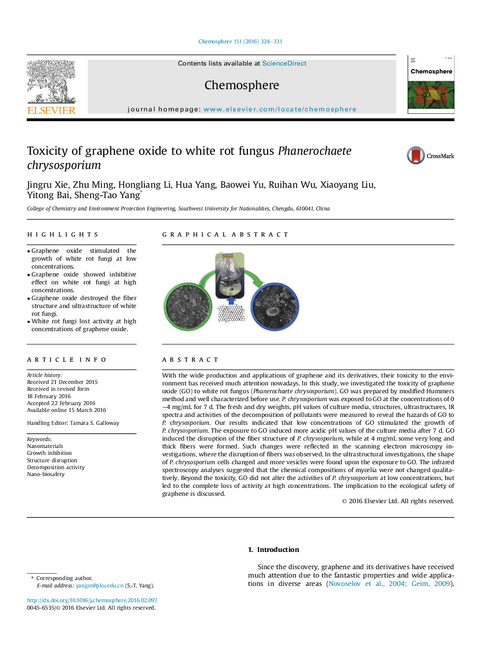 Toxicity of graphene oxide to white rot fungus Phanerochaete chrysosporium