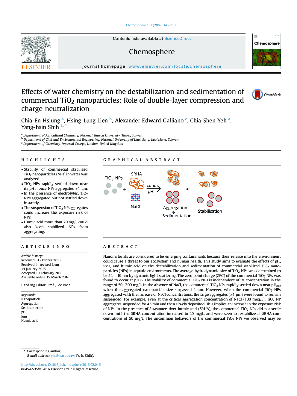 Effects of water chemistry on the destabilization and sedimentation of commercial TiO2 nanoparticles: Role of double-layer compression and charge neutralization