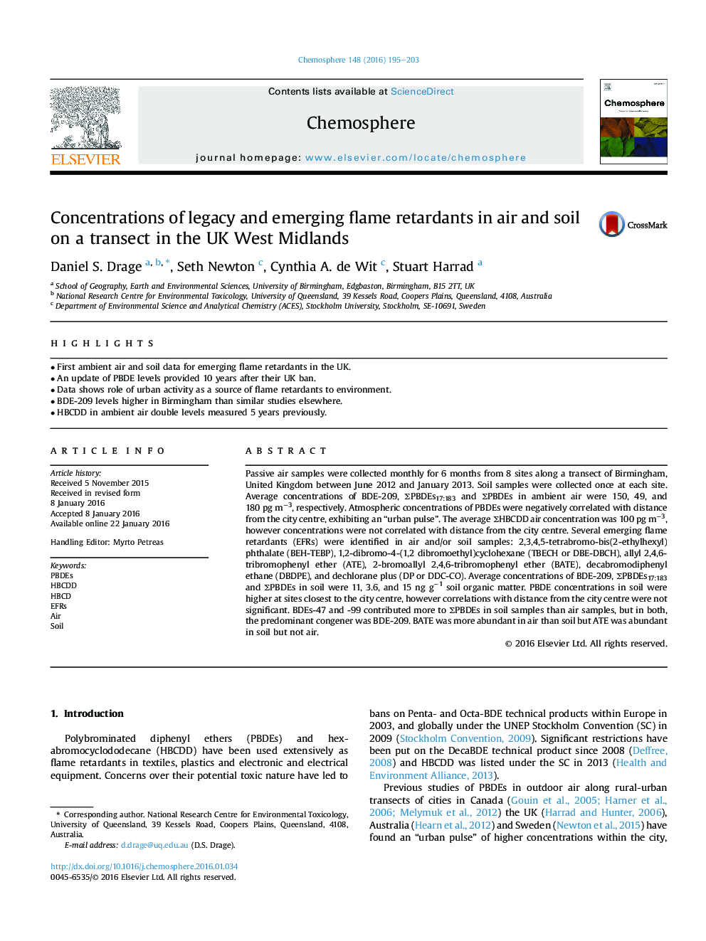 Concentrations of legacy and emerging flame retardants in air and soil on a transect in the UK West Midlands