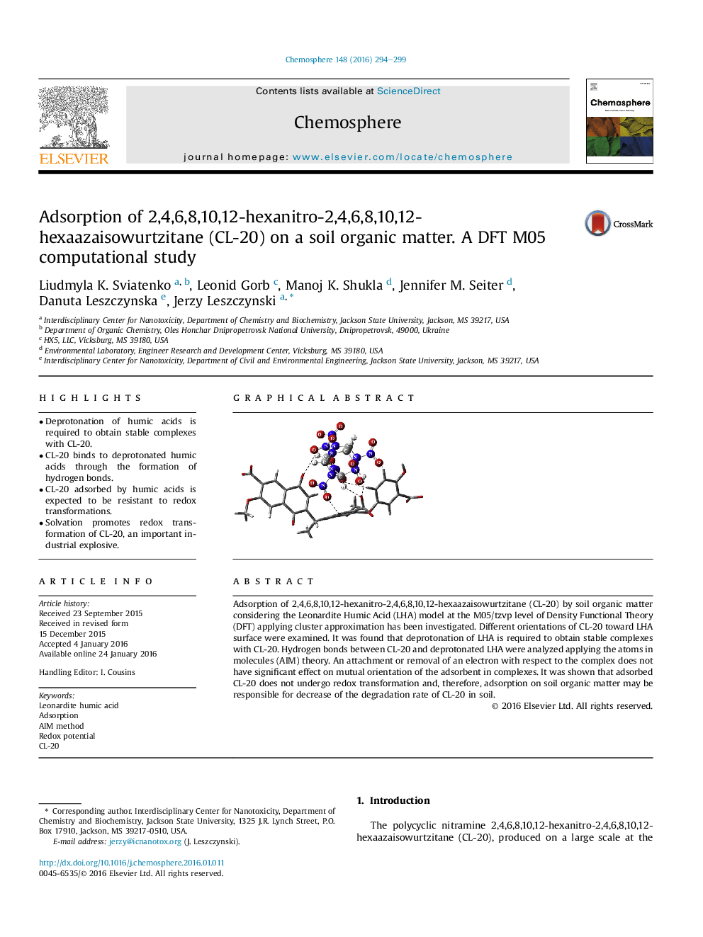 Adsorption of 2,4,6,8,10,12-hexanitro-2,4,6,8,10,12-hexaazaisowurtzitane (CL-20) on a soil organic matter. A DFT M05 computational study