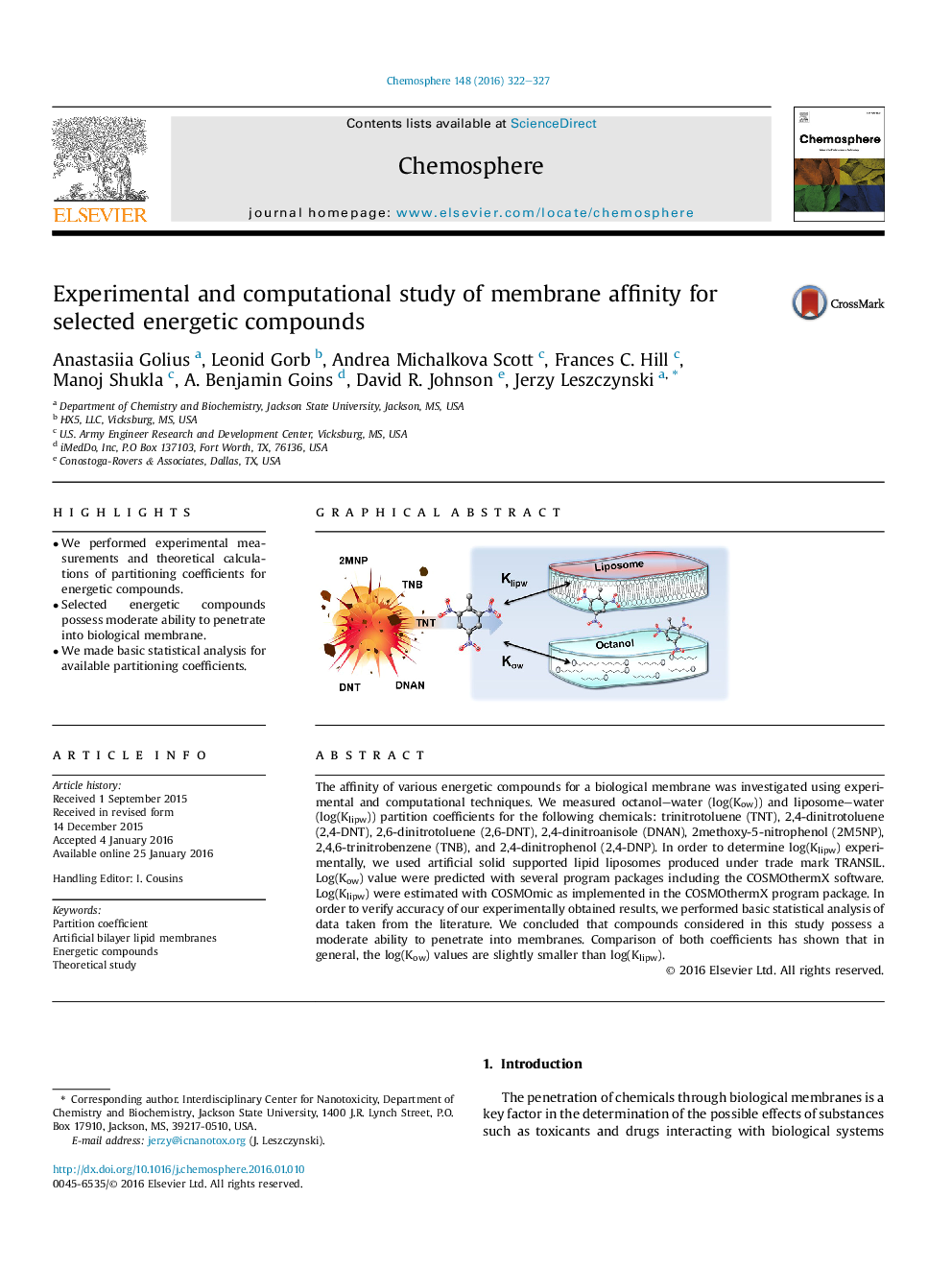 Experimental and computational study of membrane affinity for selected energetic compounds