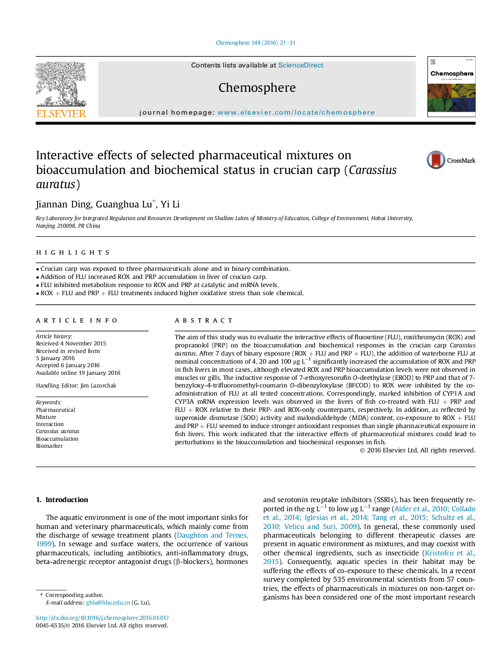 Interactive effects of selected pharmaceutical mixtures on bioaccumulation and biochemical status in crucian carp (Carassius auratus)