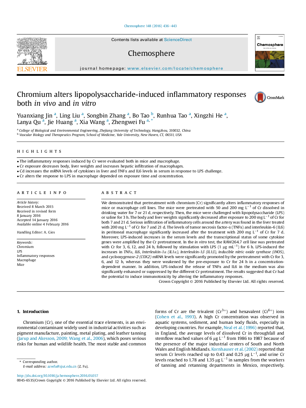عکس صفحه اول مقاله: Chromium alters lipopolysaccharide-induced inflammatory responses both in vivo and in vitro Chromium alters lipopolysaccharide-induced inflammatory responses both in vivo and in vitro