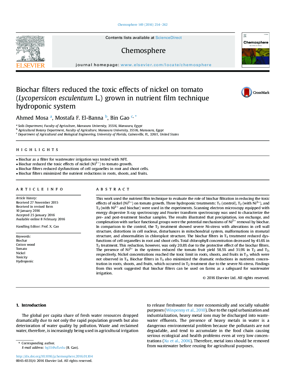 Biochar filters reduced the toxic effects of nickel on tomato (Lycopersicon esculentum L.) grown in nutrient film technique hydroponic system