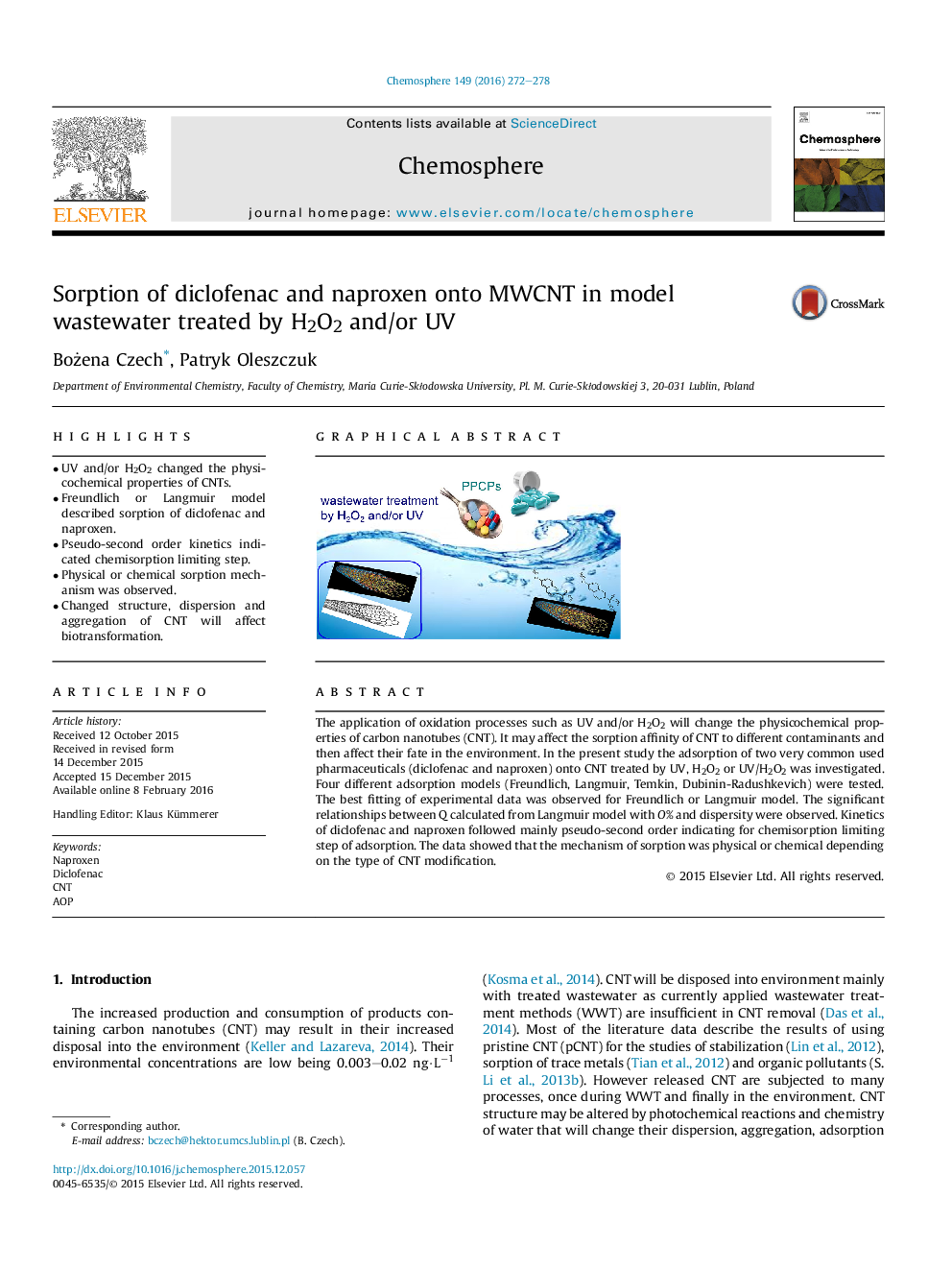 Sorption of diclofenac and naproxen onto MWCNT in model wastewater treated by H2O2 and/or UV