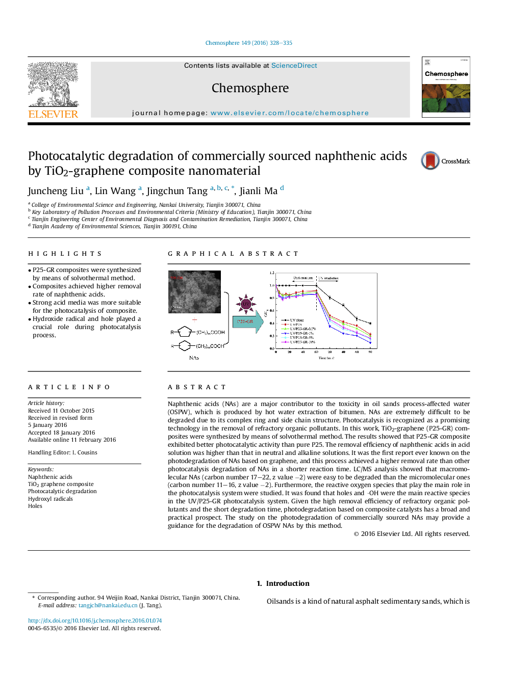 Photocatalytic degradation of commercially sourced naphthenic acids by TiO2-graphene composite nanomaterial