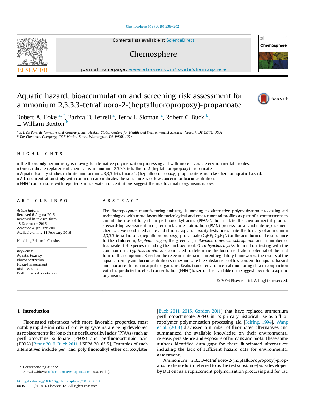 Aquatic hazard, bioaccumulation and screening risk assessment for ammonium 2,3,3,3-tetrafluoro-2-(heptafluoropropoxy)-propanoate