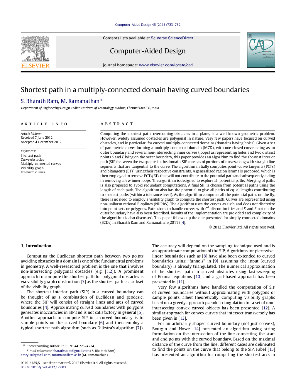 Shortest path in a multiply-connected domain having curved boundaries