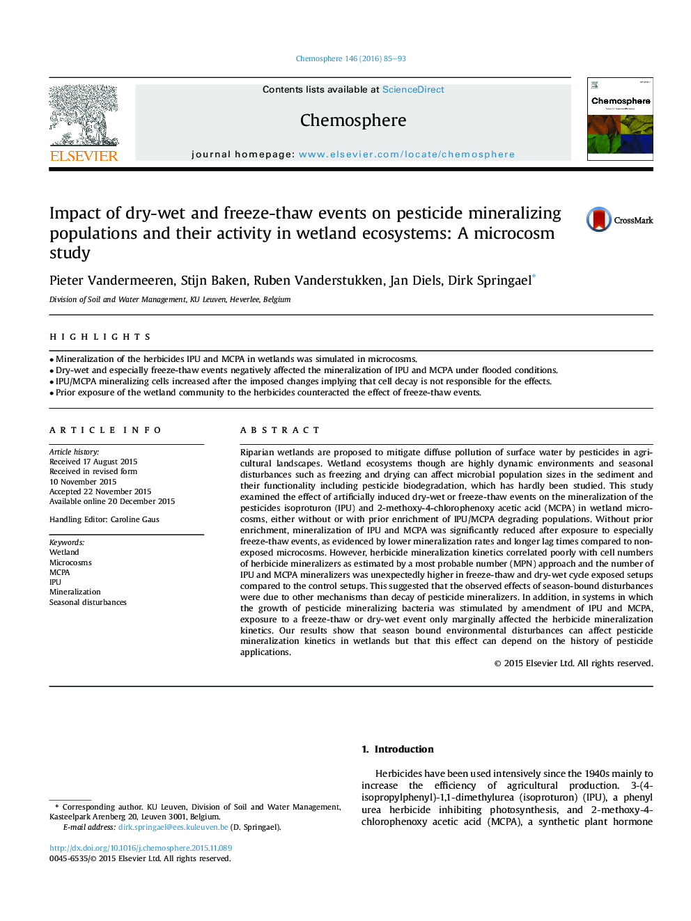 Impact of dry-wet and freeze-thaw events on pesticide mineralizing populations and their activity in wetland ecosystems: A microcosm study