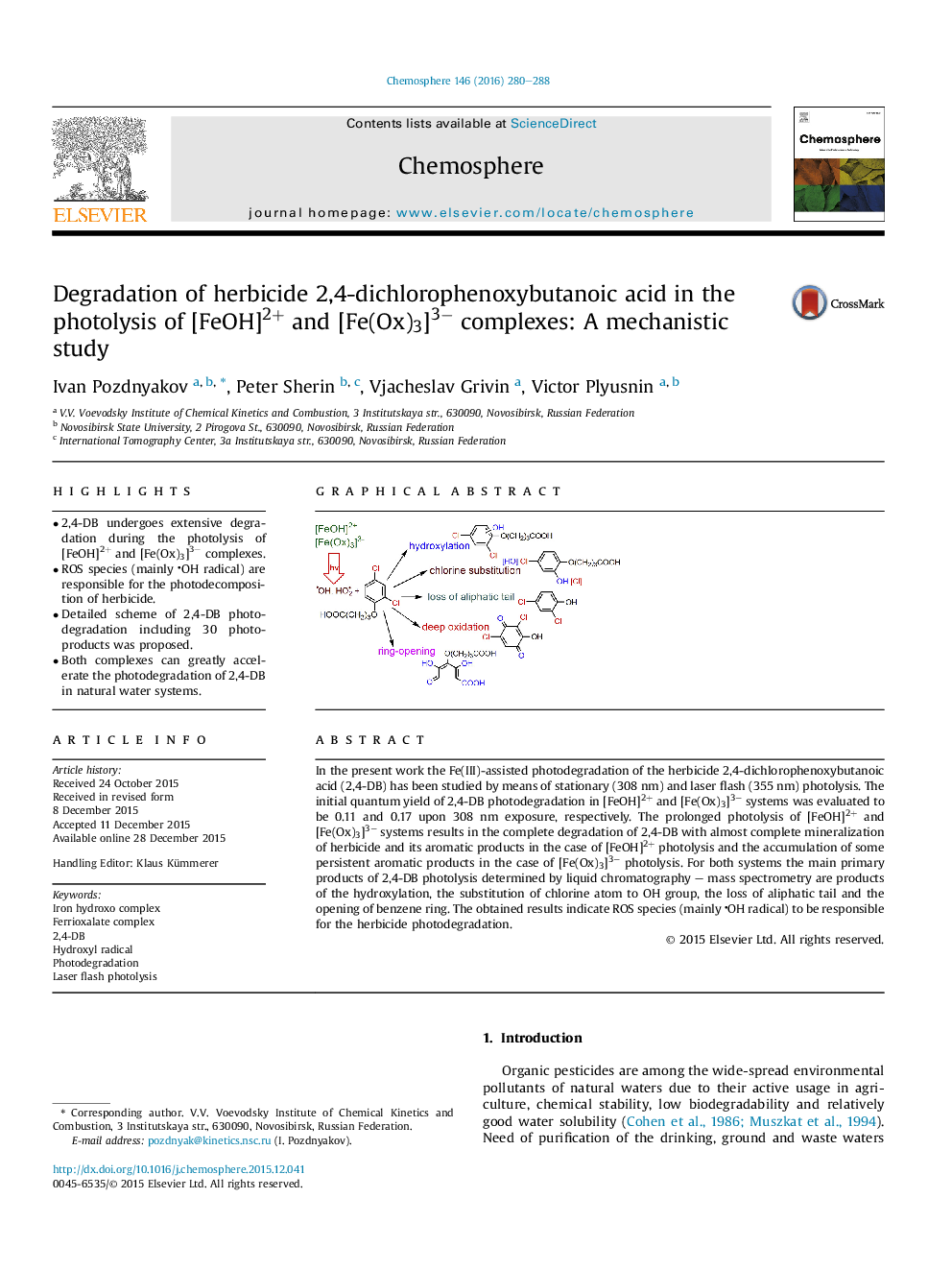 Degradation of herbicide 2,4-dichlorophenoxybutanoic acid in the photolysis of [FeOH]2+ and [Fe(Ox)3]3− complexes: A mechanistic study