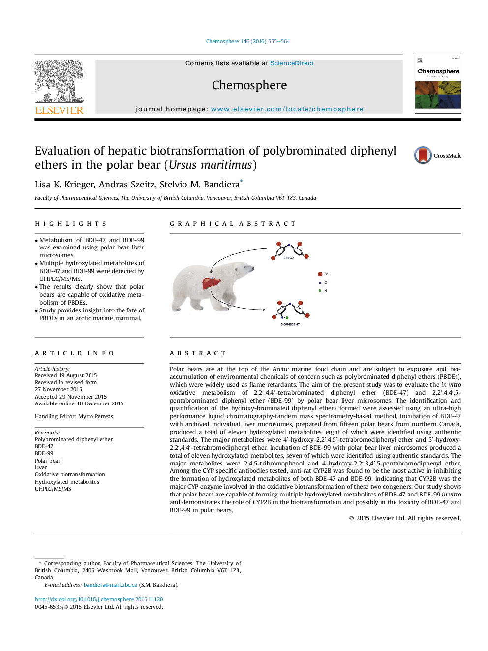 Evaluation of hepatic biotransformation of polybrominated diphenyl ethers in the polar bear (Ursus maritimus)