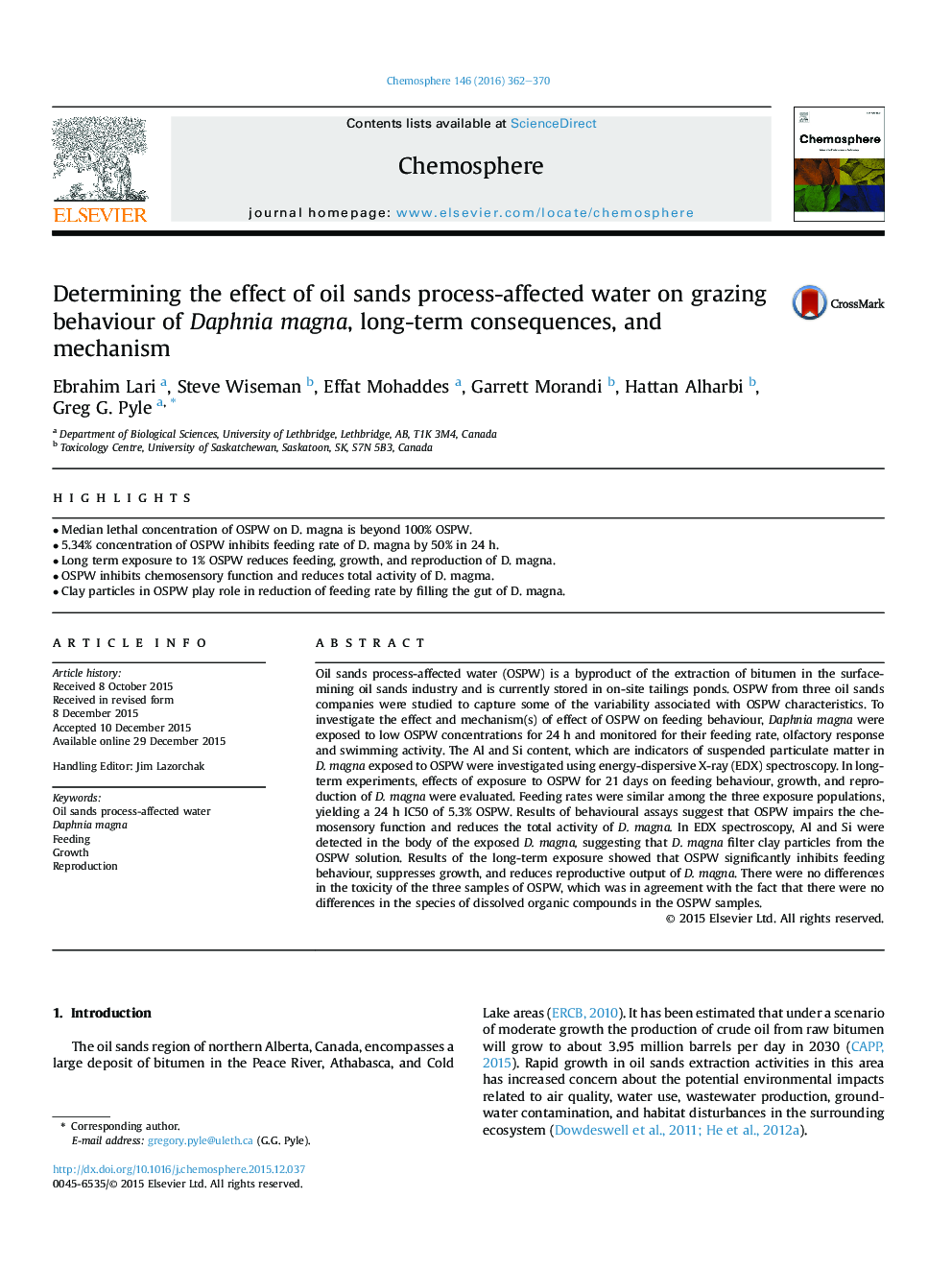 Determining the effect of oil sands process-affected water on grazing behaviour of Daphnia magna, long-term consequences, and mechanism