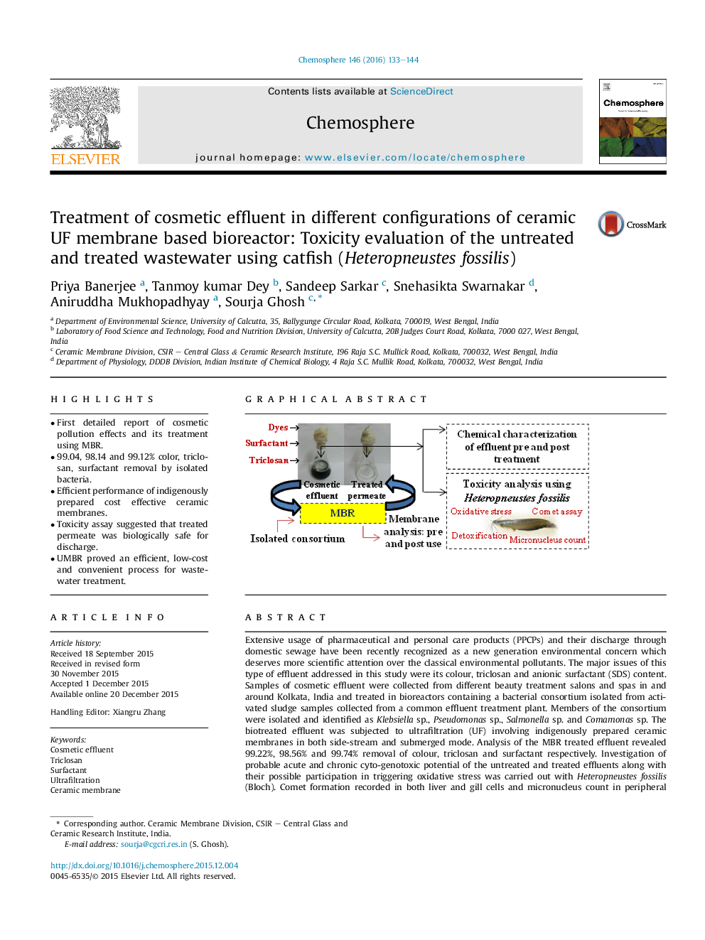 Treatment of cosmetic effluent in different configurations of ceramic UF membrane based bioreactor: Toxicity evaluation of the untreated and treated wastewater using catfish (Heteropneustes fossilis)