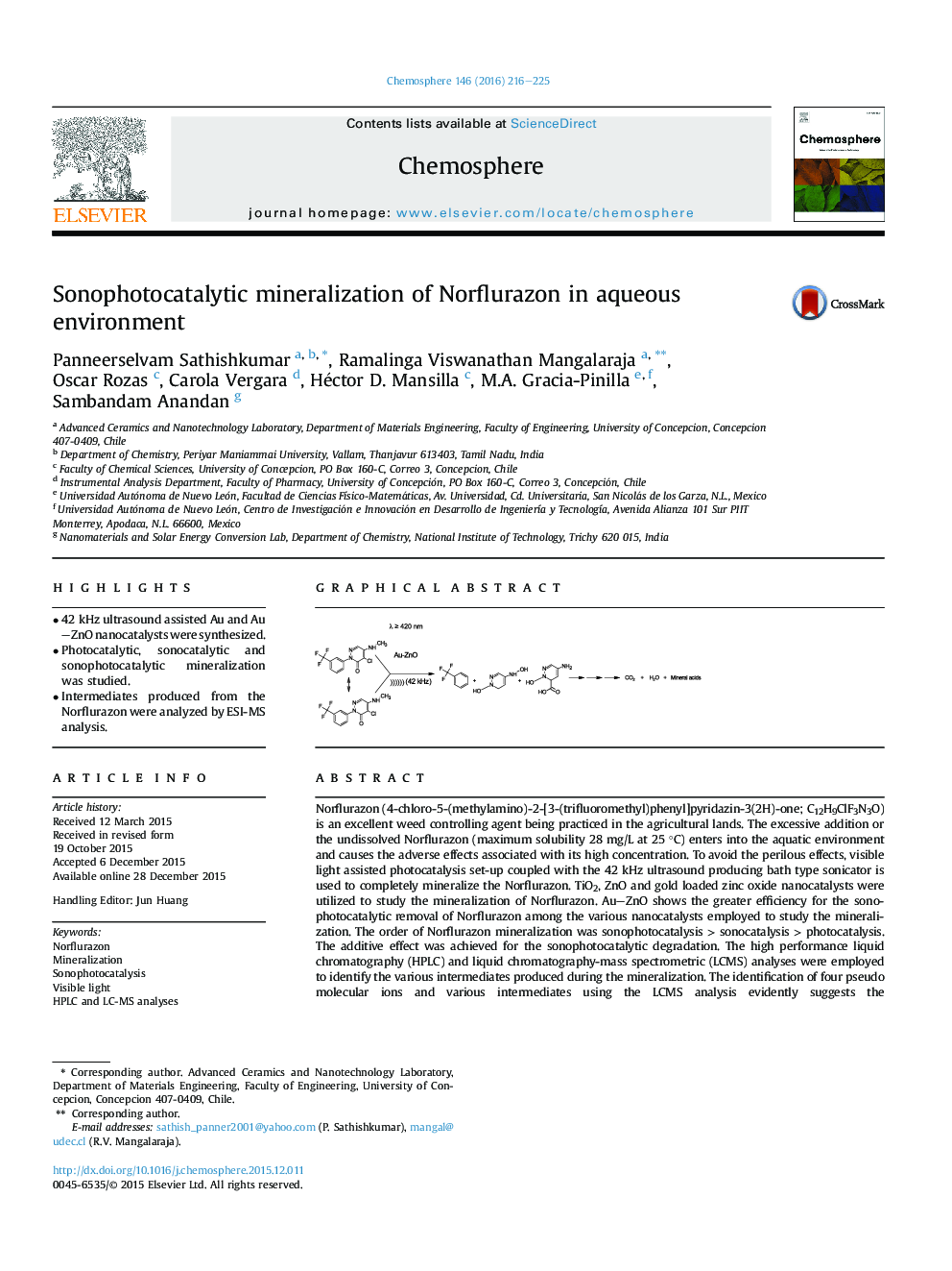 Sonophotocatalytic mineralization of Norflurazon in aqueous environment