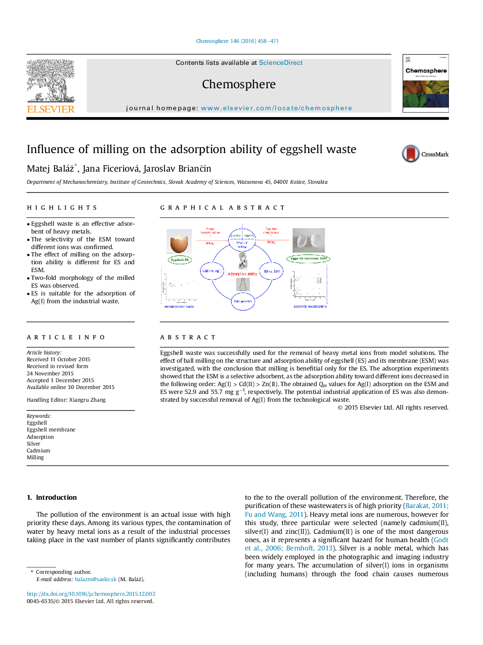 Influence of milling on the adsorption ability of eggshell waste