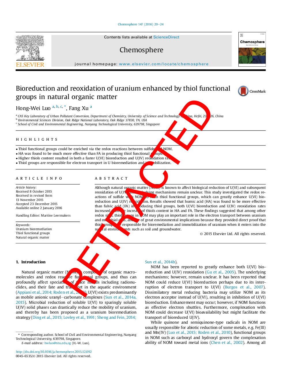 RETRACTED: کاهش زیستی و اکسیداسیون دوباره اورانیوم ارتقا یافته توسط گروه های عاملی تیول در مواد آلی طبیعی