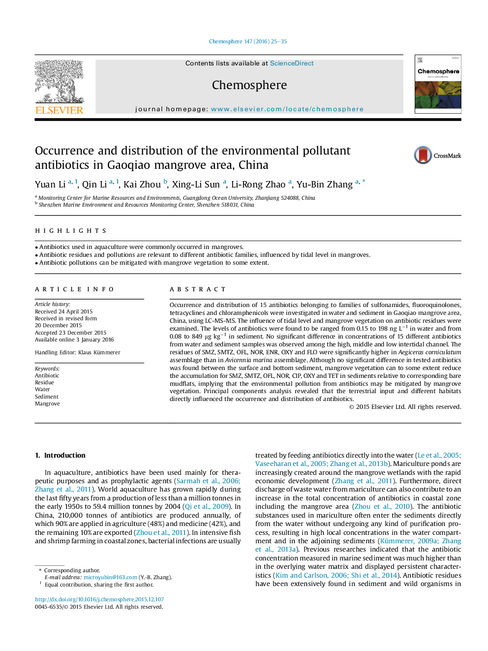 Occurrence and distribution of the environmental pollutant antibiotics in Gaoqiao mangrove area, China