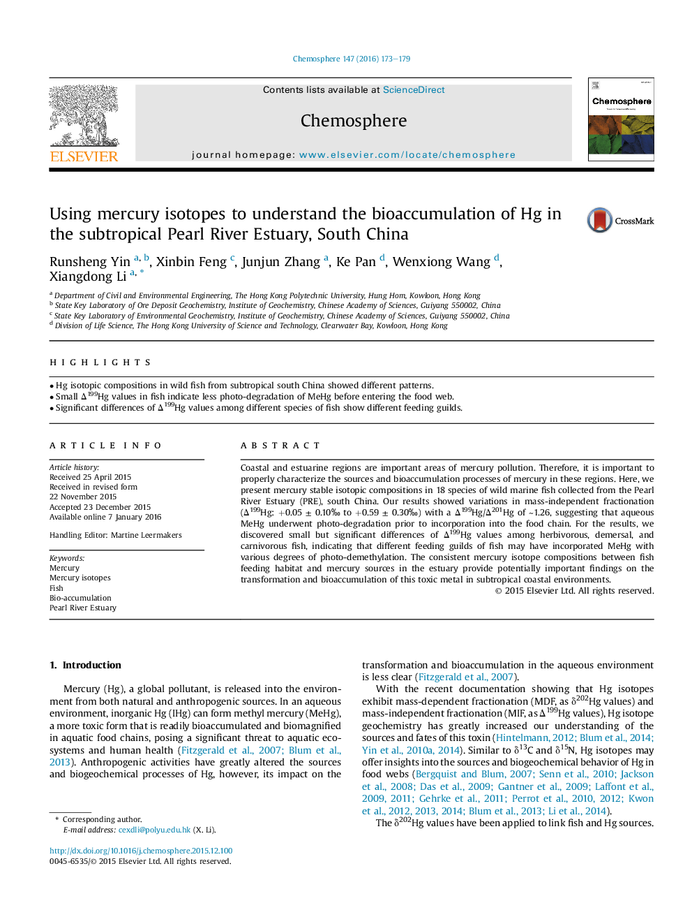 Using mercury isotopes to understand the bioaccumulation of Hg in the subtropical Pearl River Estuary, South China