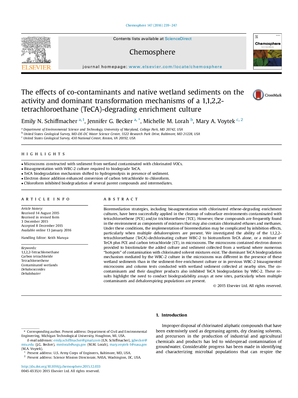 عکس صفحه اول مقاله: The effects of co-contaminants and native wetland sediments on the activity and dominant transformation mechanisms of a 1,1,2,2-tetrachloroethane (TeCA)-degrading enrichment culture The effects of co-contaminants and native wetland sediments on the activity and dominant transformation mechanisms of a 1,1,2,2-tetrachloroethane (TeCA)-degrading enrichment culture