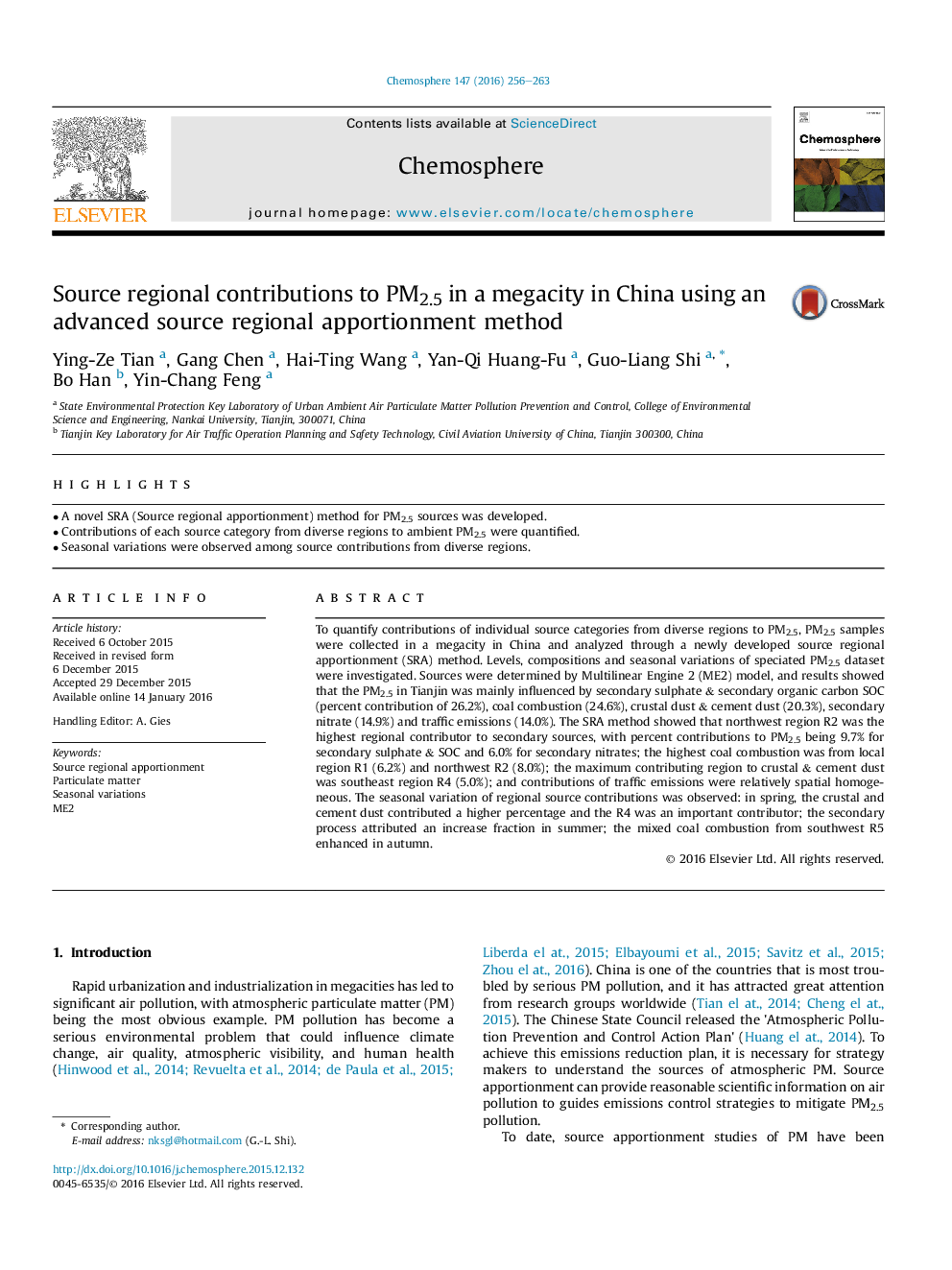 عکس صفحه اول مقاله: Source regional contributions to PM2.5 in a megacity in China using an advanced source regional apportionment method Source regional contributions to PM2.5 in a megacity in China using an advanced source regional apportionment method