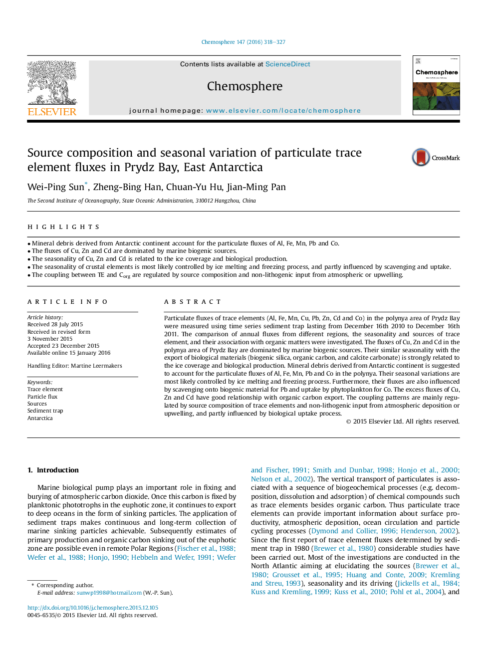 Source composition and seasonal variation of particulate trace element fluxes in Prydz Bay, East Antarctica