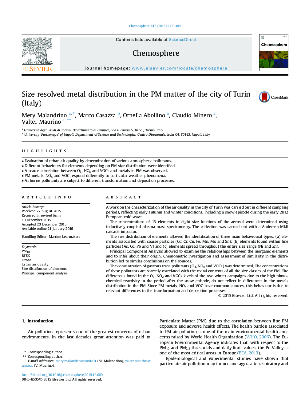 Size resolved metal distribution in the PM matter of the city of Turin (Italy)