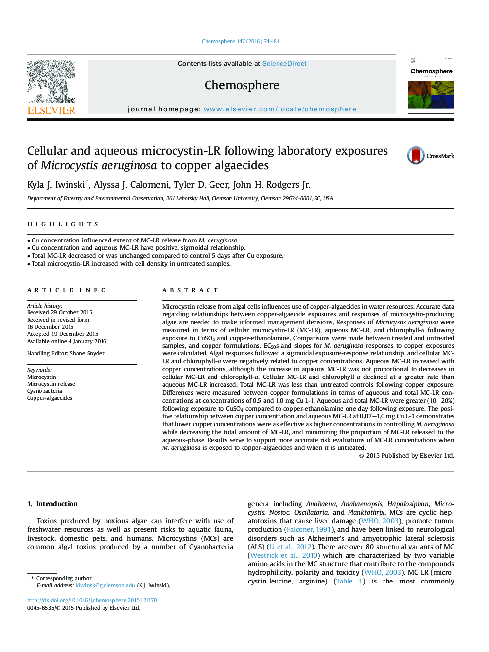 Cellular and aqueous microcystin-LR following laboratory exposures of Microcystis aeruginosa to copper algaecides