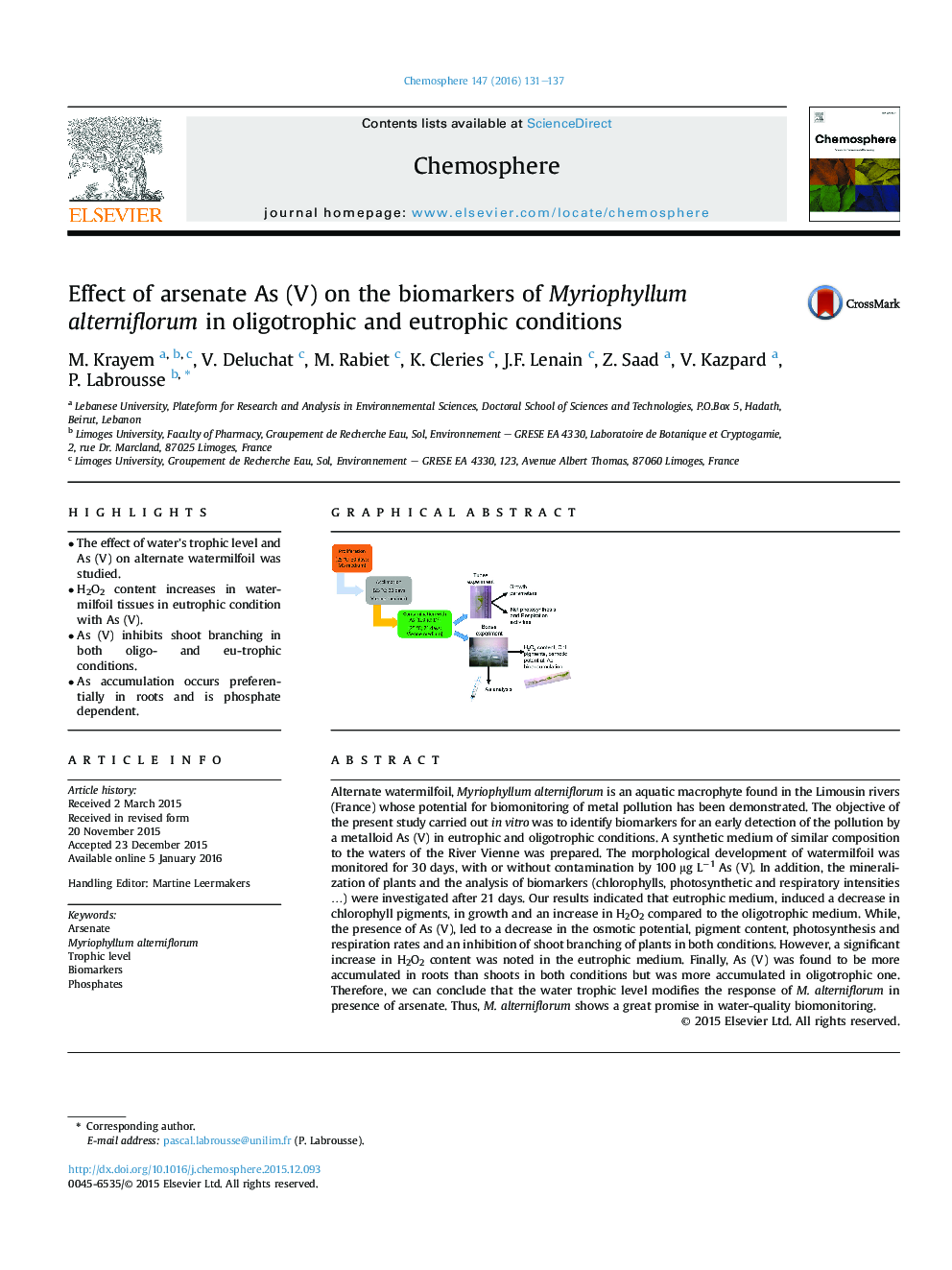 Effect of arsenate As (V) on the biomarkers of Myriophyllum alterniflorum in oligotrophic and eutrophic conditions