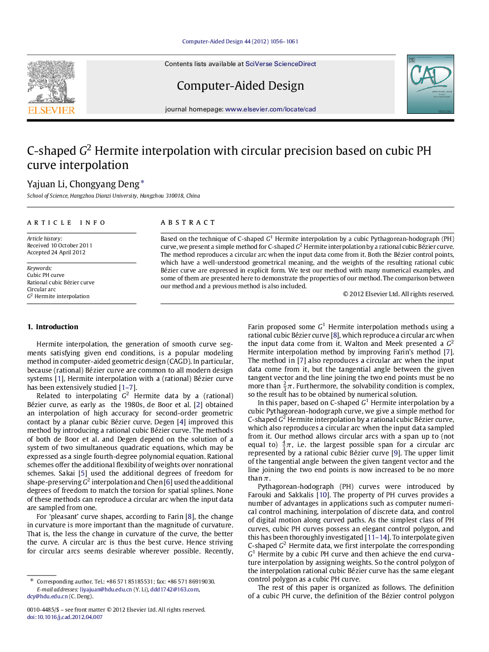 C-shaped G2G2 Hermite interpolation with circular precision based on cubic PH curve interpolation