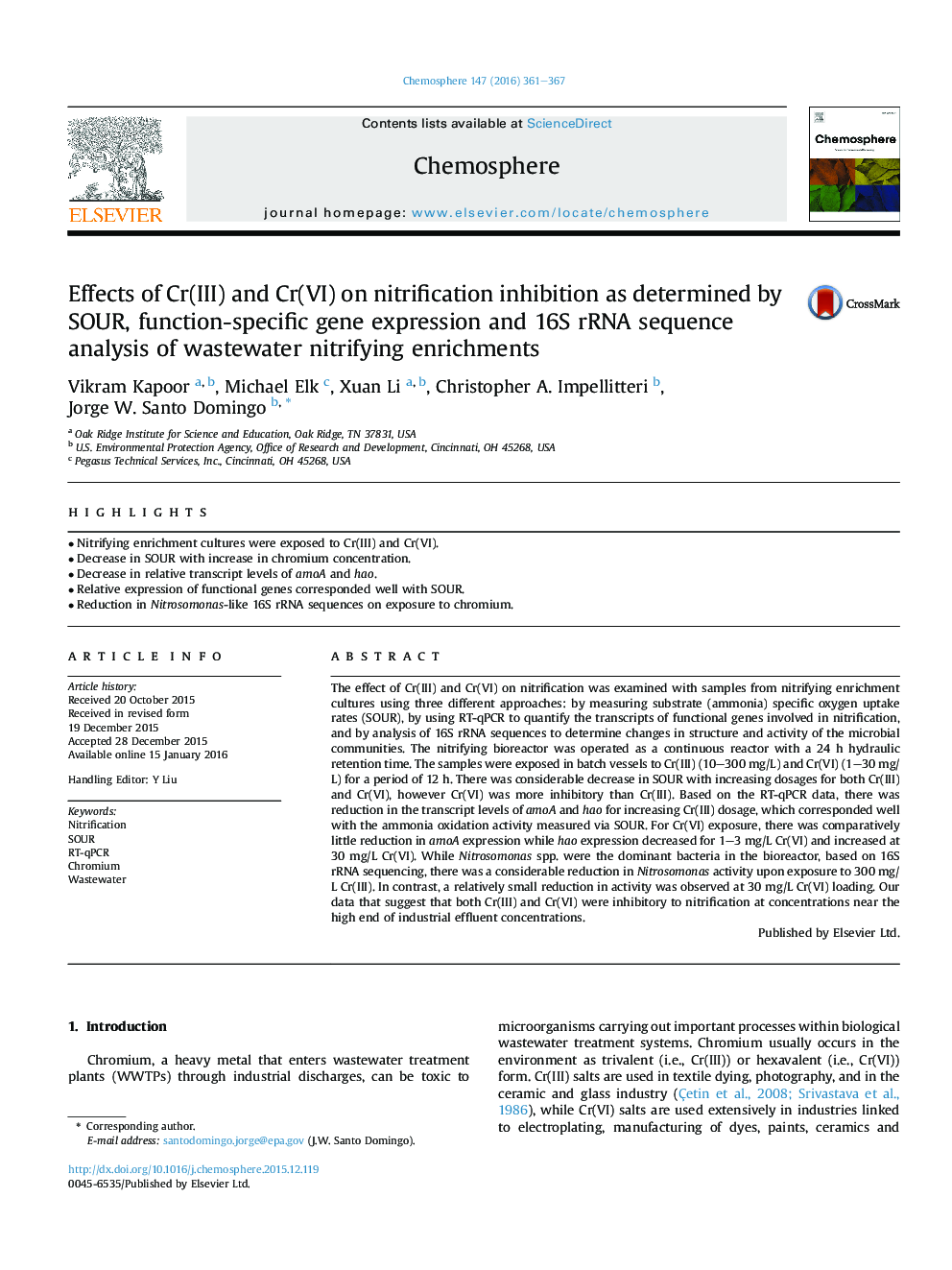 Effects of Cr(III) and Cr(VI) on nitrification inhibition as determined by SOUR, function-specific gene expression and 16S rRNA sequence analysis of wastewater nitrifying enrichments