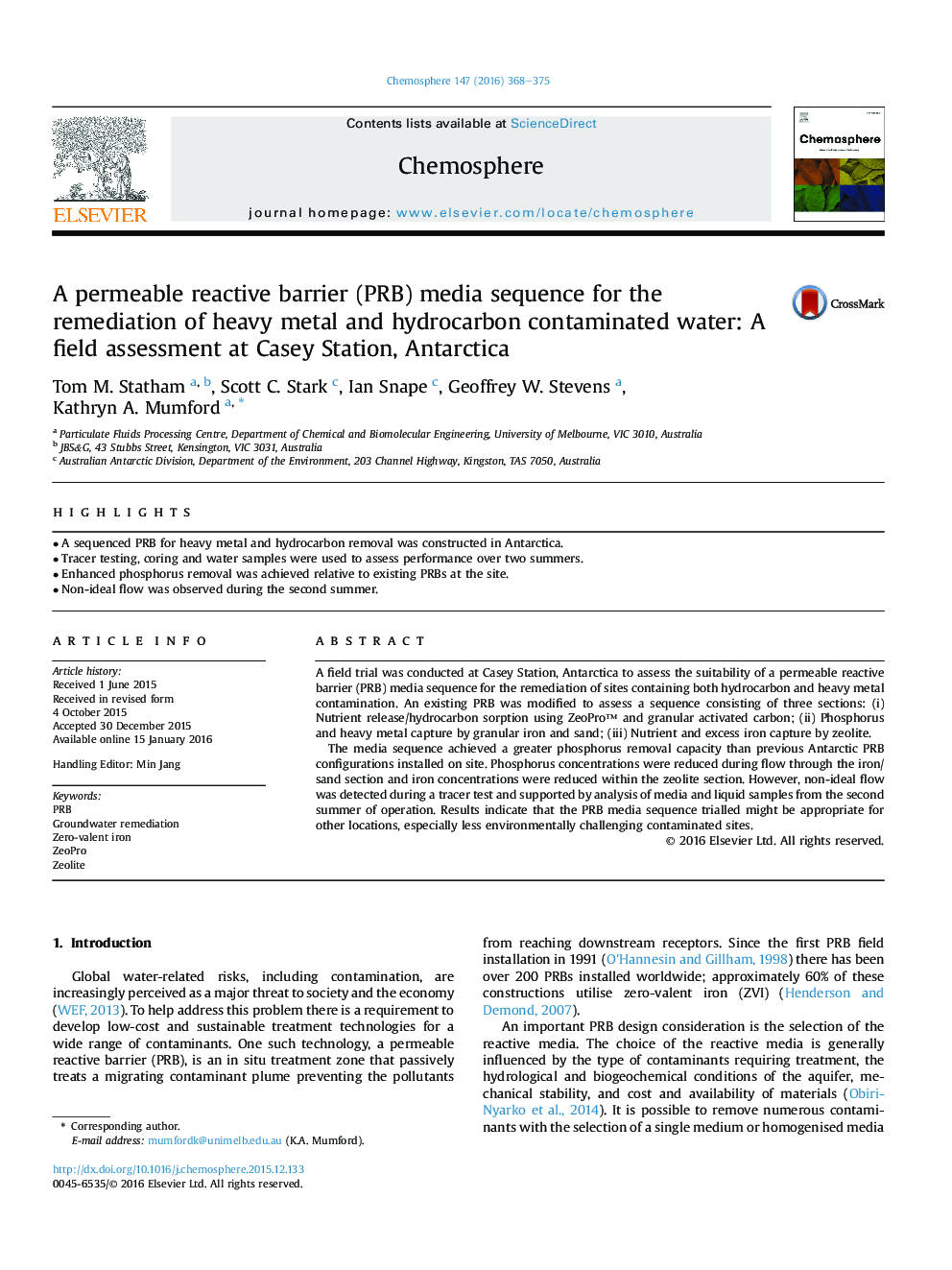 A permeable reactive barrier (PRB) media sequence for the remediation of heavy metal and hydrocarbon contaminated water: A field assessment at Casey Station, Antarctica