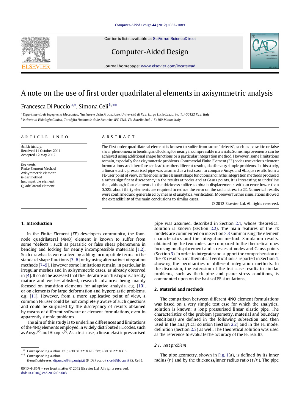 عکس صفحه اول مقاله: A note on the use of first order quadrilateral elements in axisymmetric analysis A note on the use of first order quadrilateral elements in axisymmetric analysis