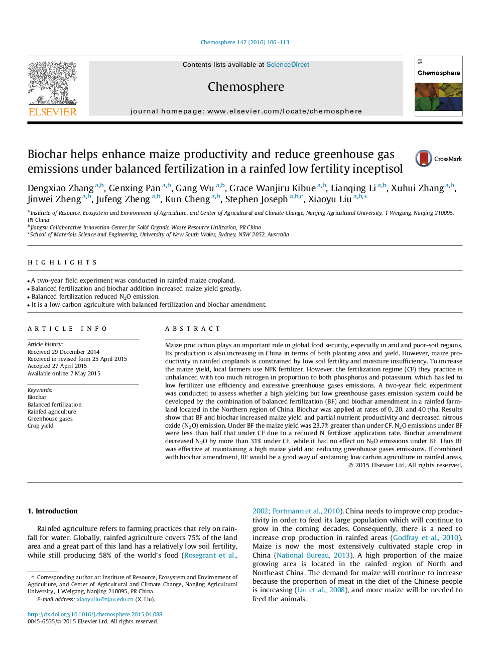 Biochar helps enhance maize productivity and reduce greenhouse gas emissions under balanced fertilization in a rainfed low fertility inceptisol