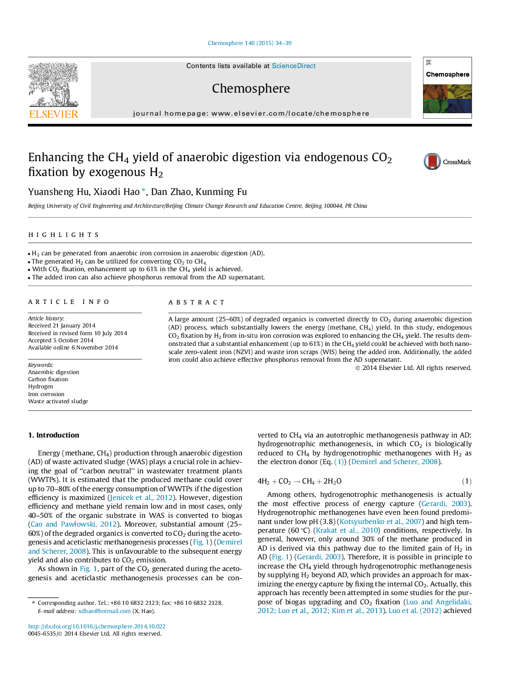 Enhancing the CH4 yield of anaerobic digestion via endogenous CO2 fixation by exogenous H2