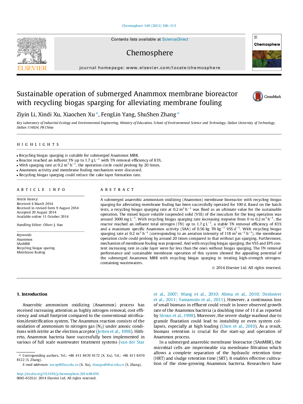 Sustainable operation of submerged Anammox membrane bioreactor with recycling biogas sparging for alleviating membrane fouling