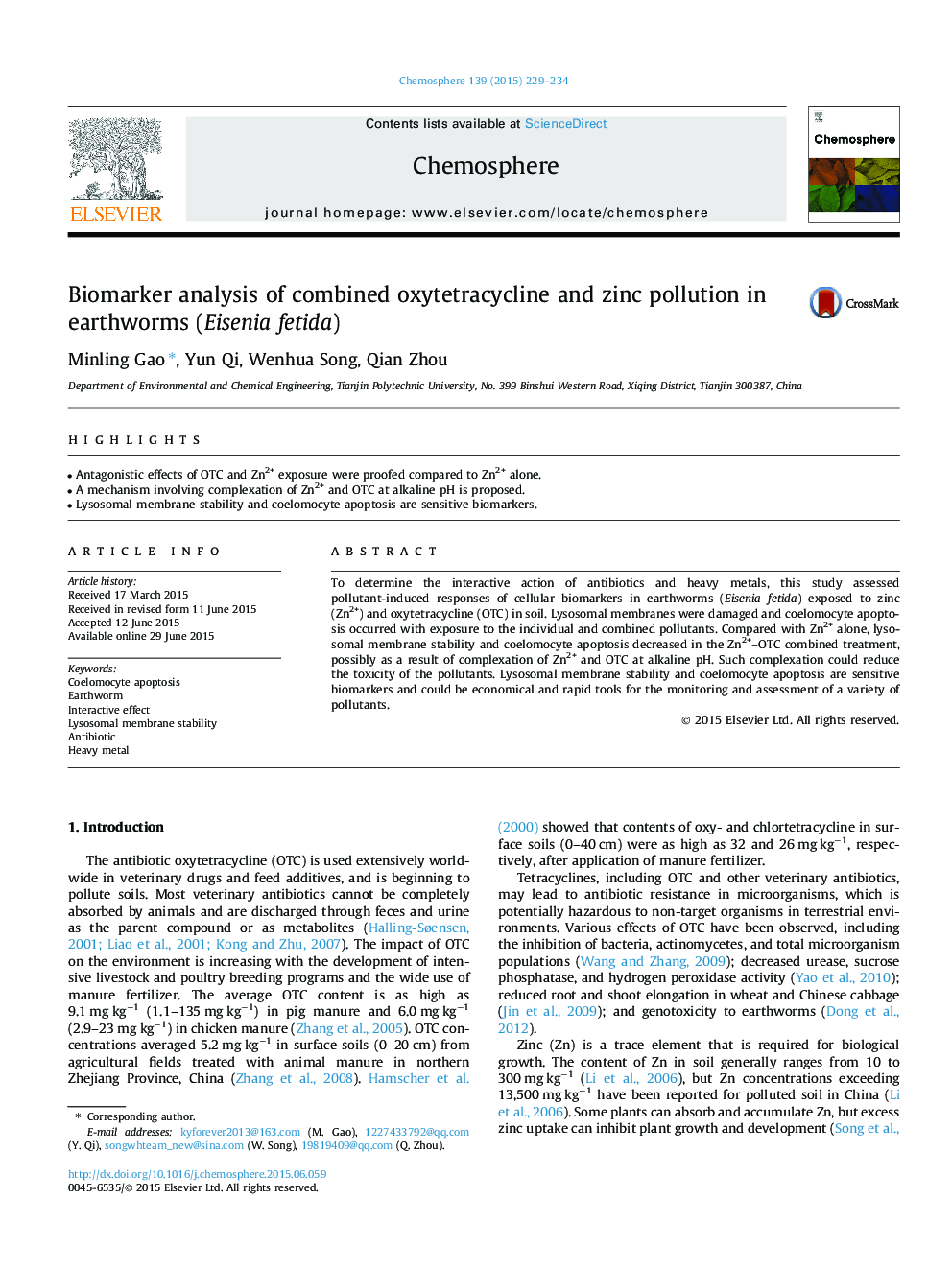 Biomarker analysis of combined oxytetracycline and zinc pollution in earthworms (Eisenia fetida)