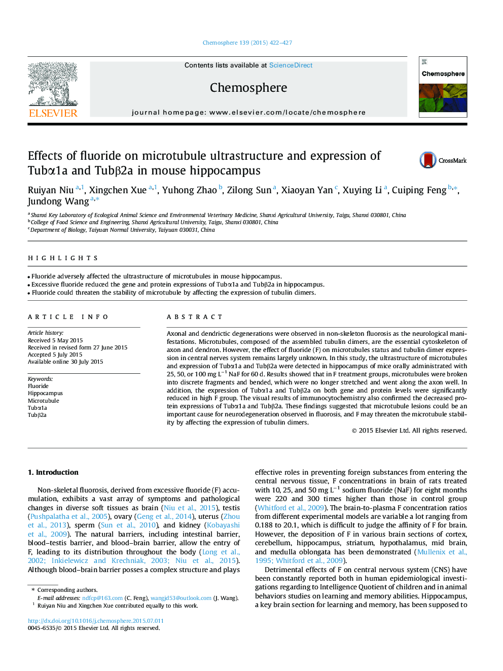 Effects of fluoride on microtubule ultrastructure and expression of Tubα1a and Tubβ2a in mouse hippocampus