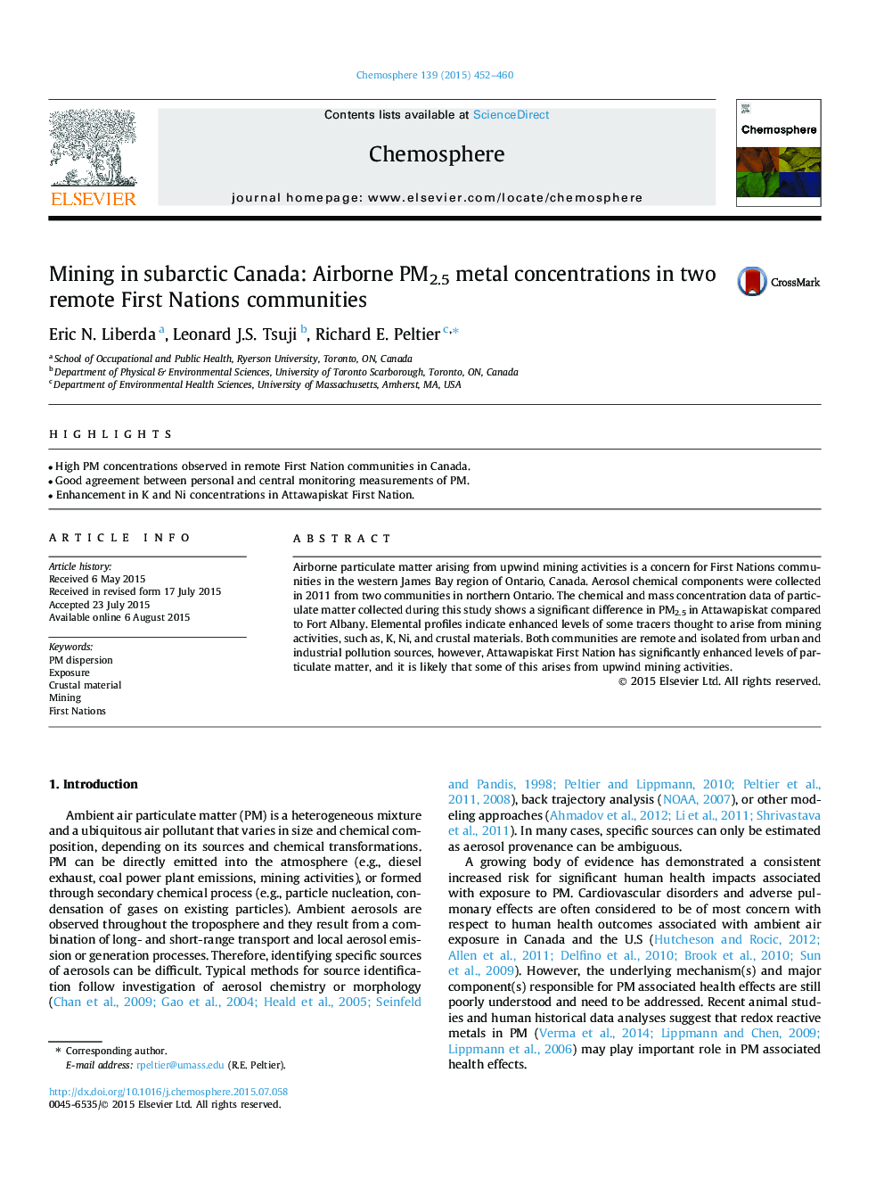 Mining in subarctic Canada: Airborne PM2.5 metal concentrations in two remote First Nations communities