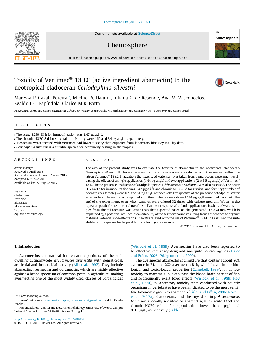 Toxicity of Vertimec® 18 EC (active ingredient abamectin) to the neotropical cladoceran Ceriodaphnia silvestrii