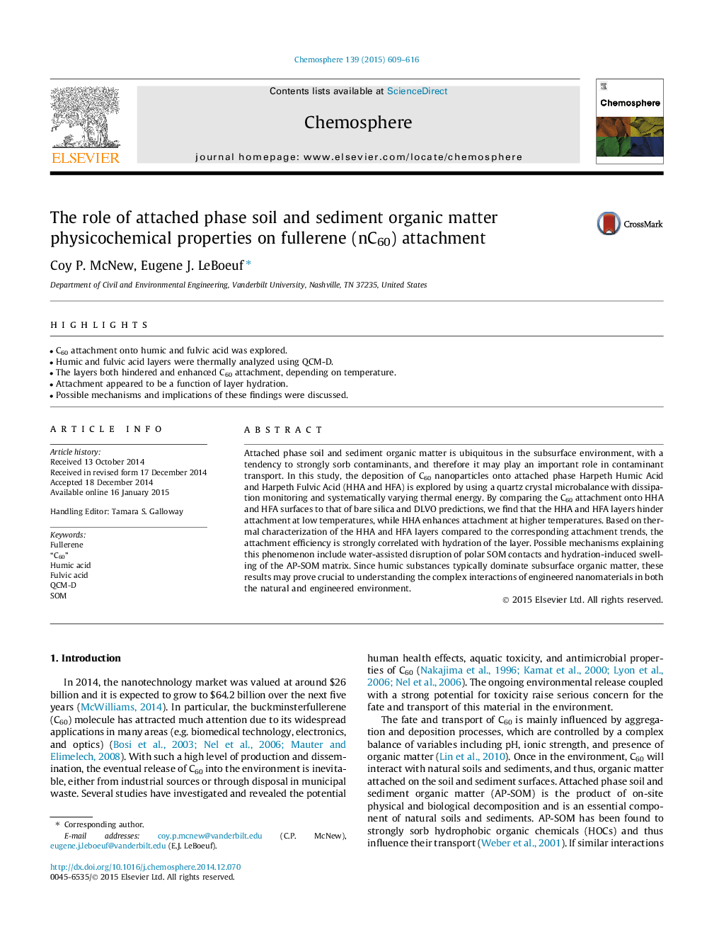 The role of attached phase soil and sediment organic matter physicochemical properties on fullerene (nC60) attachment