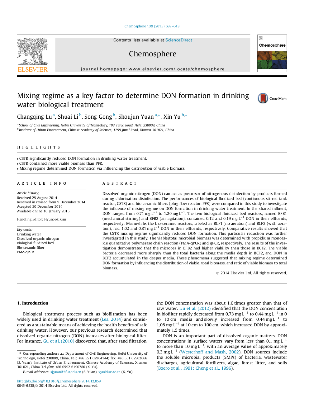 Mixing regime as a key factor to determine DON formation in drinking water biological treatment