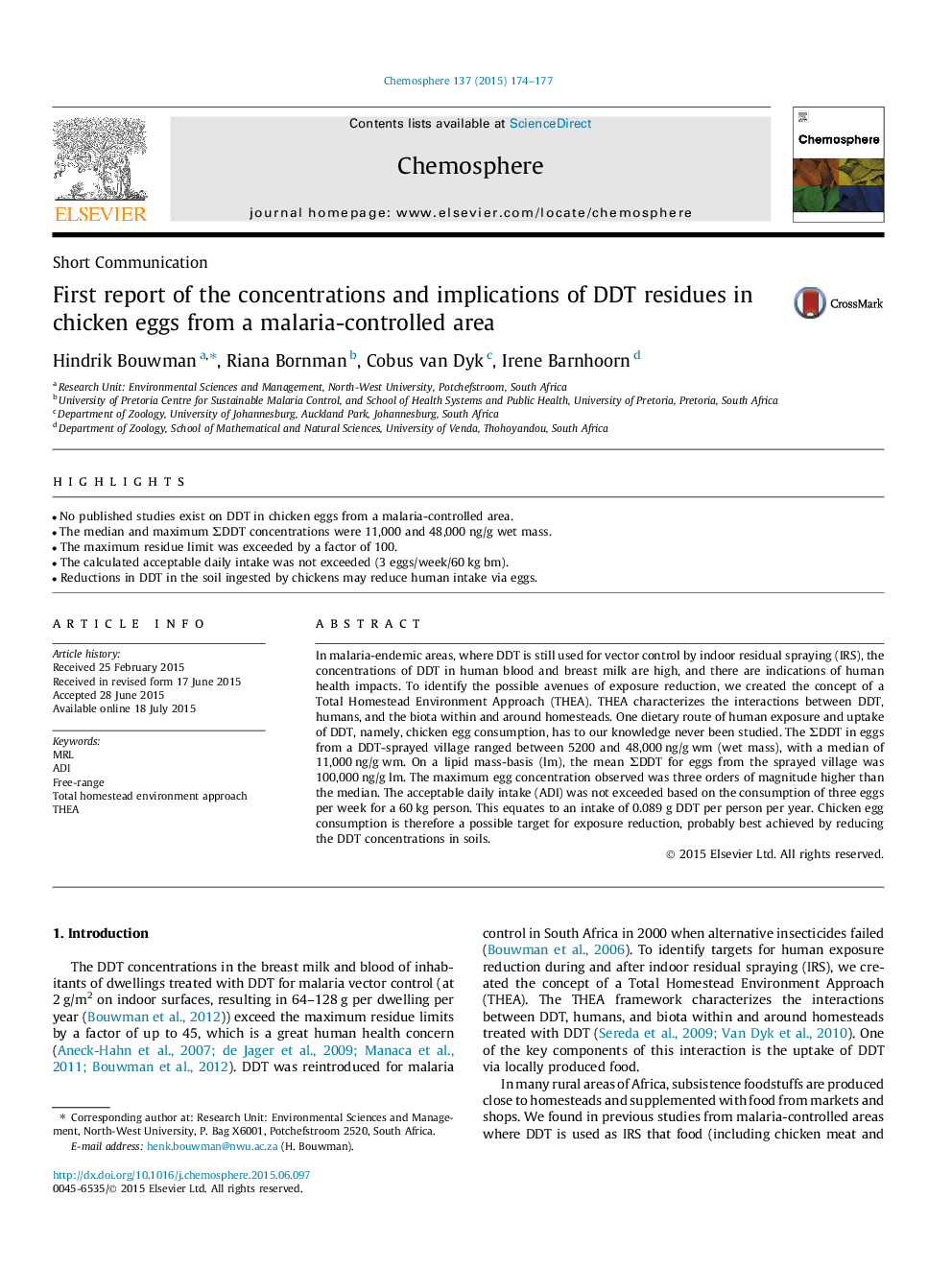 First report of the concentrations and implications of DDT residues in chicken eggs from a malaria-controlled area