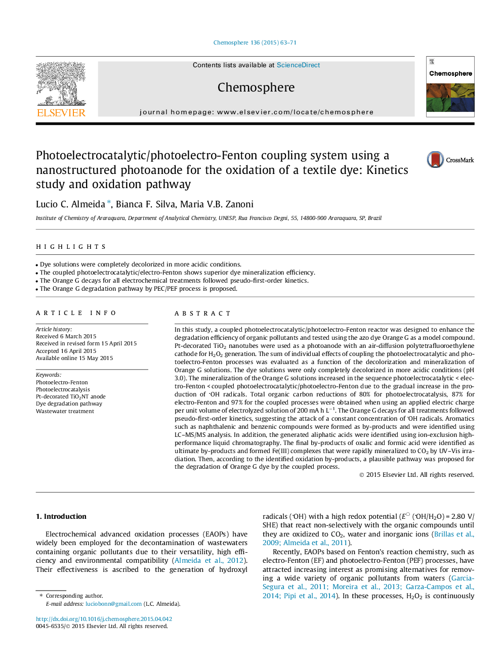 عکس صفحه اول مقاله: Photoelectrocatalytic/photoelectro-Fenton coupling system using a nanostructured photoanode for the oxidation of a textile dye: Kinetics study and oxidation pathway Photoelectrocatalytic/photoelectro-Fenton coupling system using a nanostructured photoanode for the oxidation of a textile dye: Kinetics study and oxidation pathway