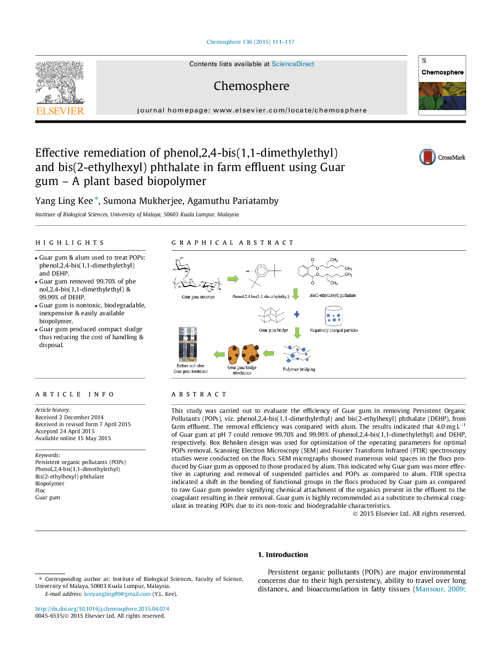 Effective remediation of phenol,2,4-bis(1,1-dimethylethyl) and bis(2-ethylhexyl) phthalate in farm effluent using Guar gum – A plant based biopolymer