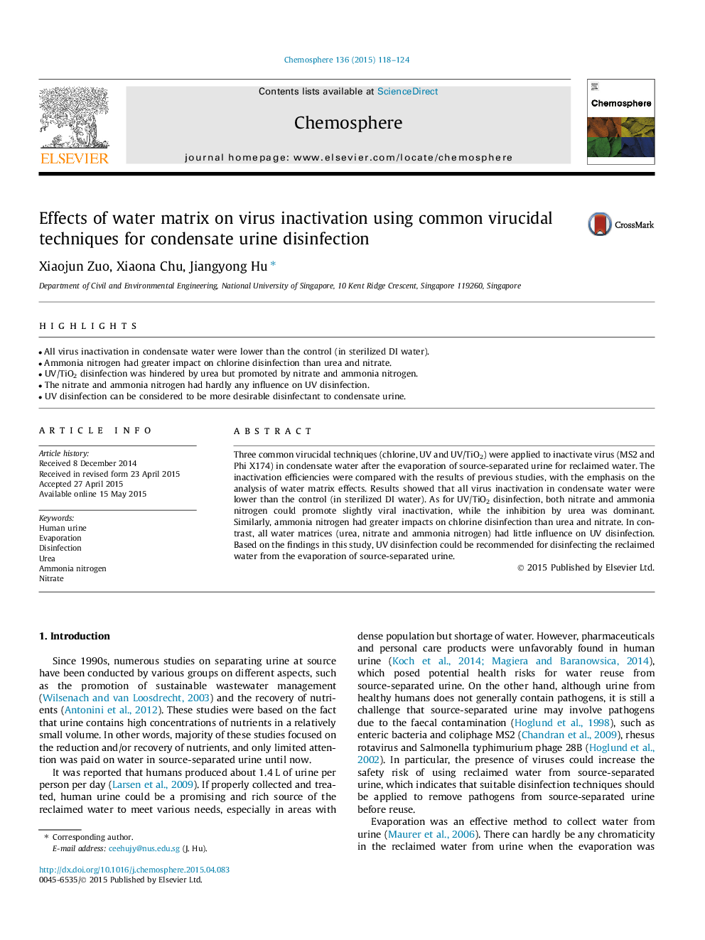 Effects of water matrix on virus inactivation using common virucidal techniques for condensate urine disinfection