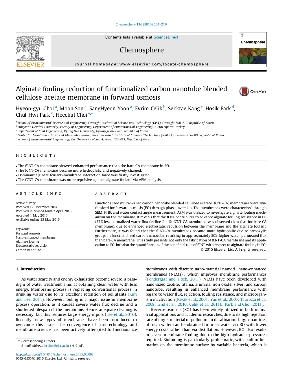 Alginate fouling reduction of functionalized carbon nanotube blended cellulose acetate membrane in forward osmosis