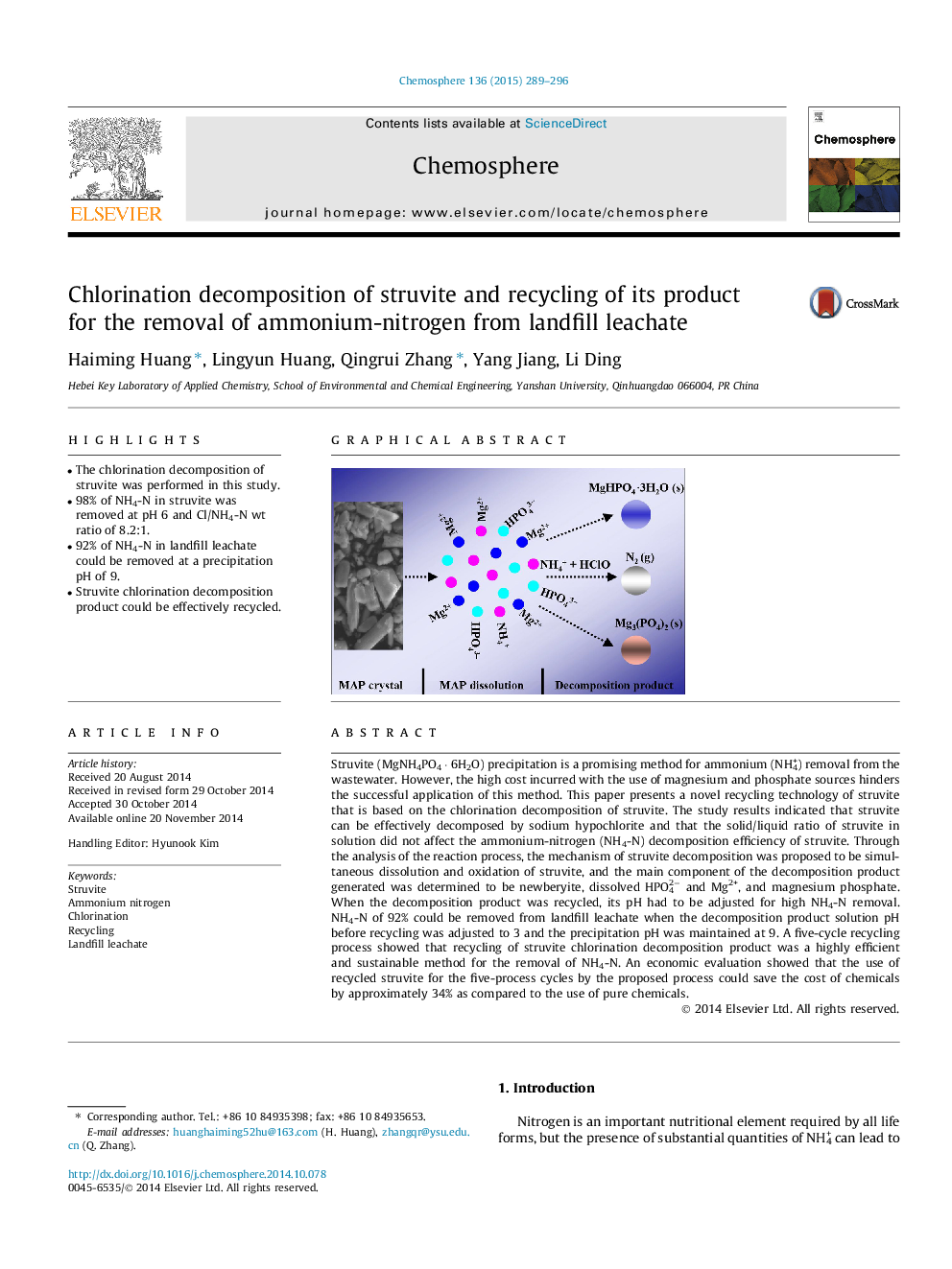 Chlorination decomposition of struvite and recycling of its product for the removal of ammonium-nitrogen from landfill leachate