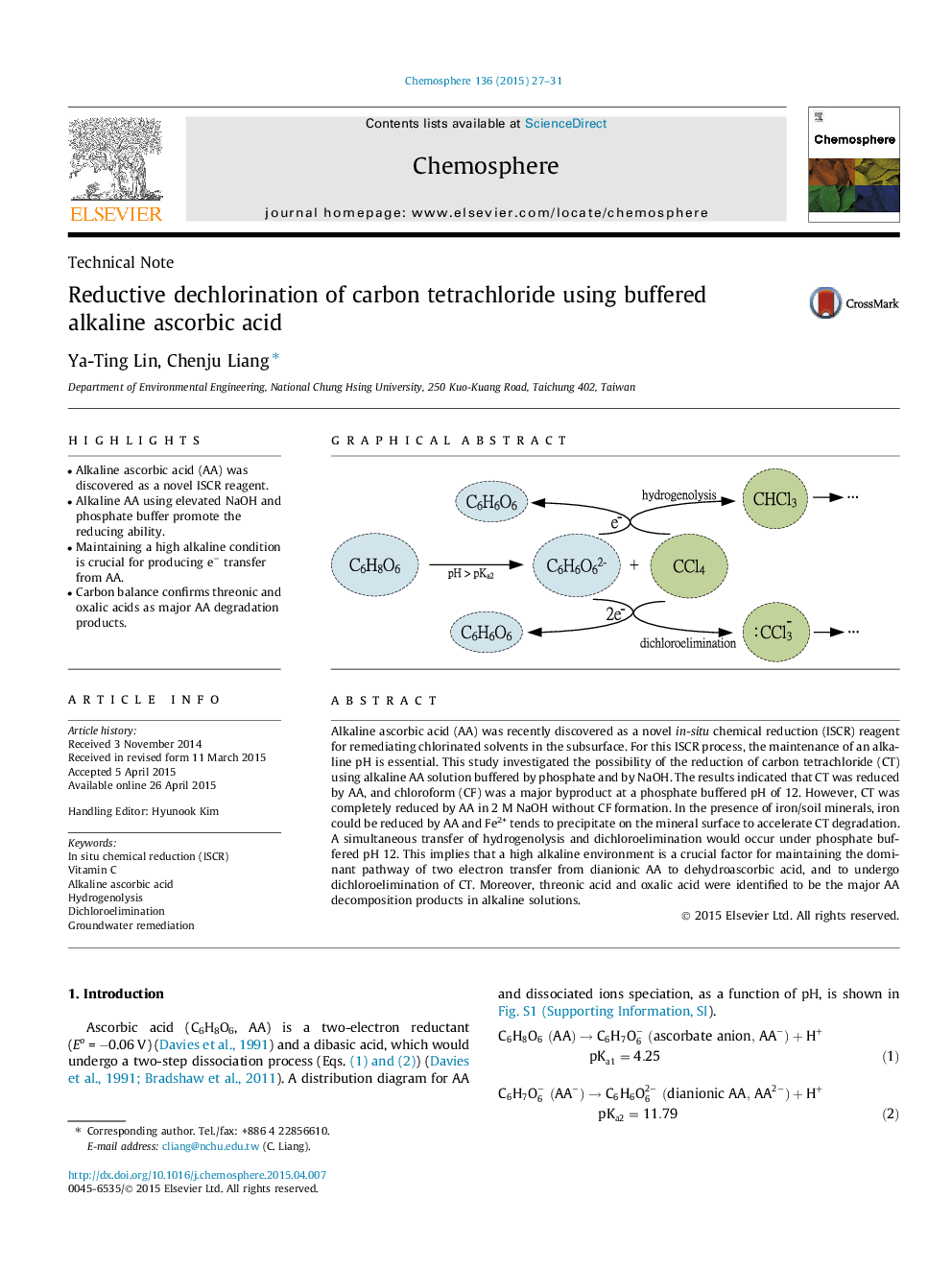 Reductive dechlorination of carbon tetrachloride using buffered alkaline ascorbic acid