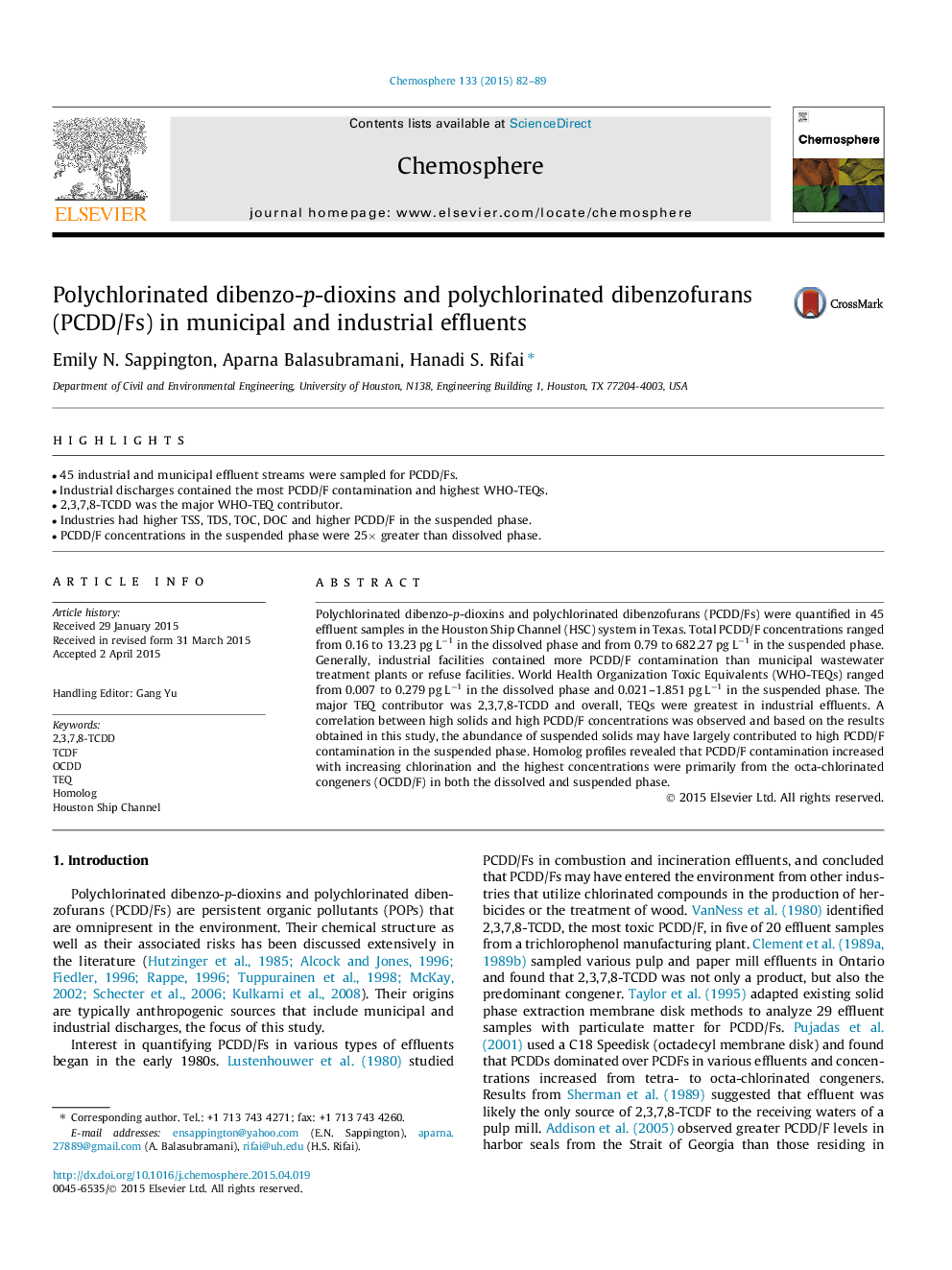 Polychlorinated dibenzo-p-dioxins and polychlorinated dibenzofurans (PCDD/Fs) in municipal and industrial effluents